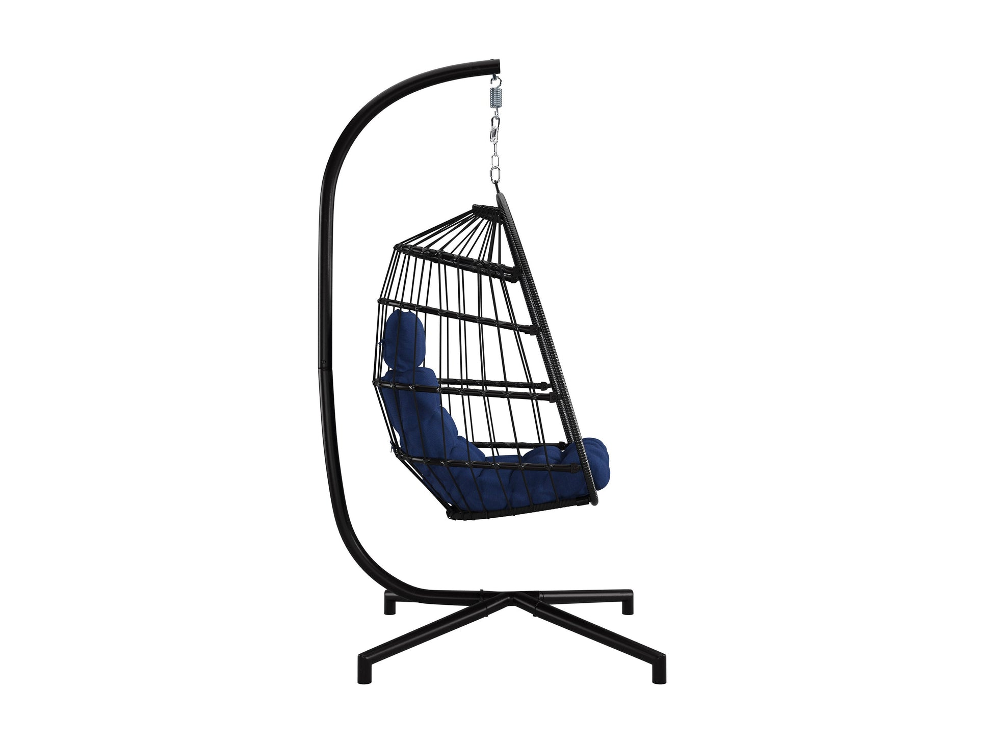 Blue hanging egg chair with cushion, wicker design, and sturdy metal stand for patio relaxation.