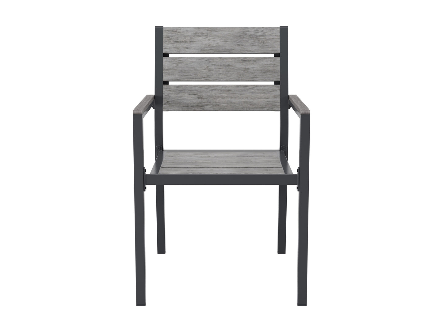 Set of 2 patio dining chairs with grey cushioned seats, black metal frames, and modern design.