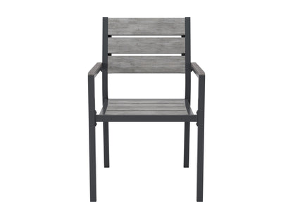 Set of 2 patio dining chairs with grey cushioned seats, black metal frames, and modern design.