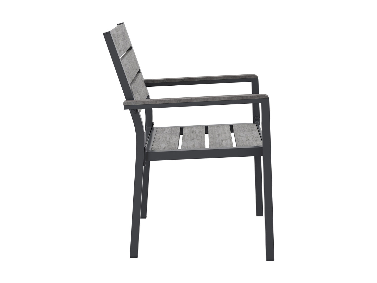 Set of 2 patio dining chairs with grey cushions, black metal frame, and wooden armrests, perfect for outdoor dining.