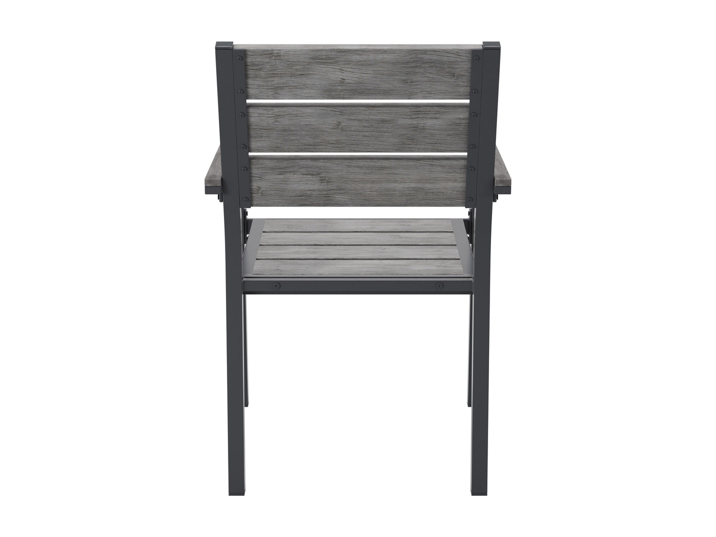 Set of 2 grey patio dining chairs with metal frames, cushioned seats, and wooden armrests for outdoor use.