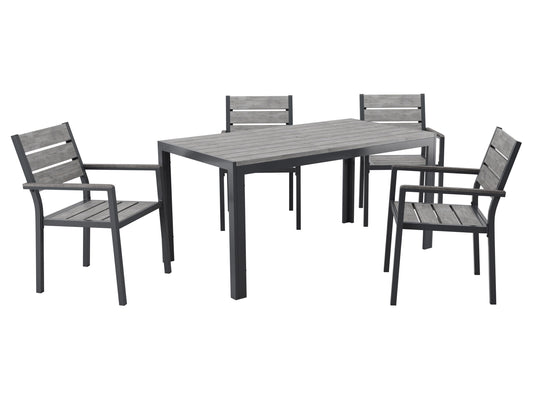 Outdoor patio dining set, 5-piece, grey cushioned chairs, rectangular wooden table, metal frame, modern garden furniture.