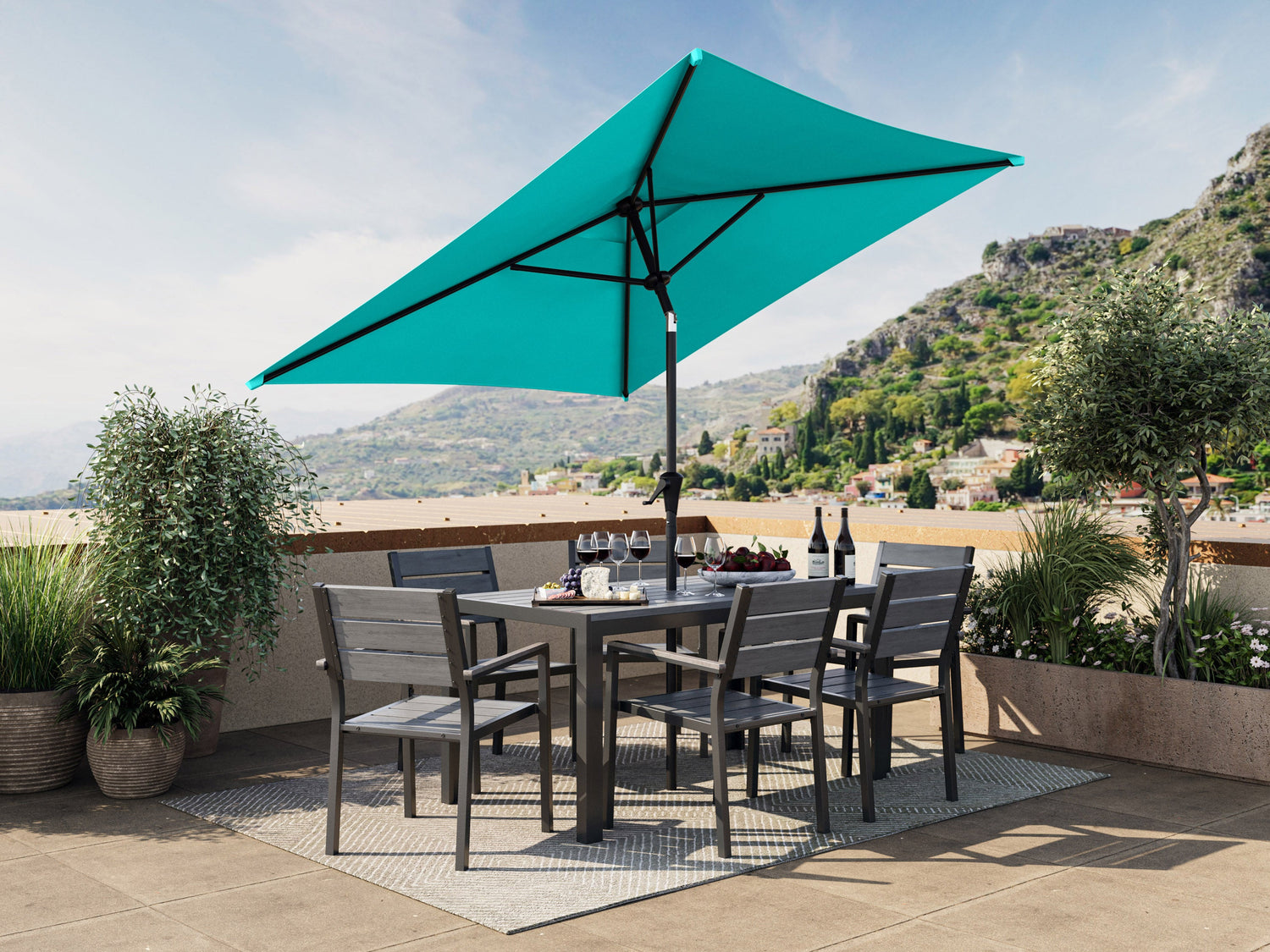 Outdoor dining set, 7pc, grey cushions, black metal frame, rectangular table, modern patio furniture.