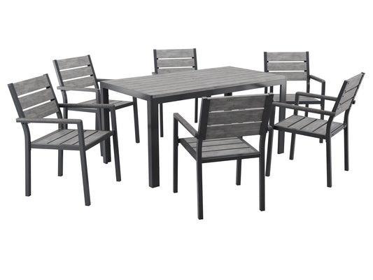 7-piece outdoor patio dining set with grey cushions, dark wicker chairs, and a glass-top table.