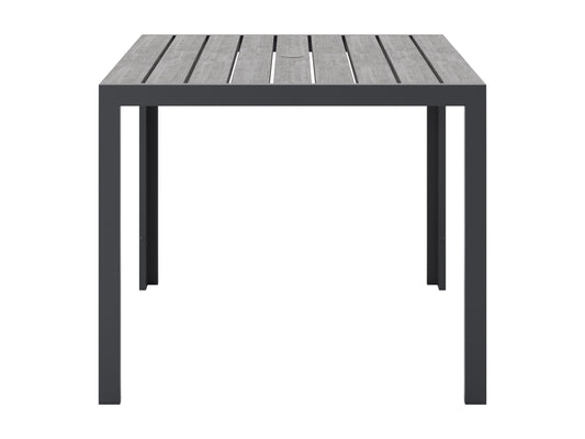 Square outdoor dining table with grey finish, sleek metal legs, and weather-resistant design for patio use.