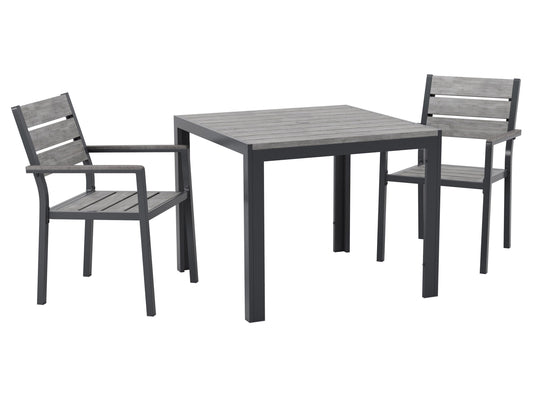 3-piece outdoor patio dining set with grey cushions, black metal frame, and wooden tabletop.