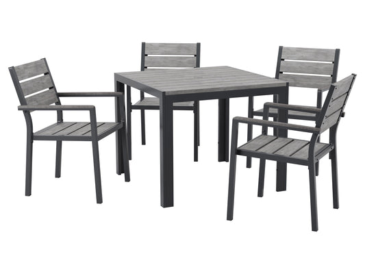 Outdoor patio dining set, 5-piece, grey wicker chairs, glass-top table, weather-resistant, modern design.