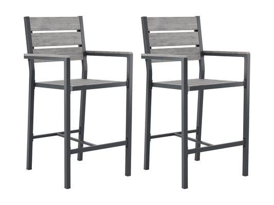 Outdoor bar chair set of 2, grey fabric cushions, black metal frame, weather-resistant, modern patio furniture.