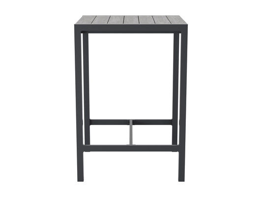 Outdoor patio bar table with a sleek grey metal frame and wooden slatted tabletop, perfect for modern garden spaces.