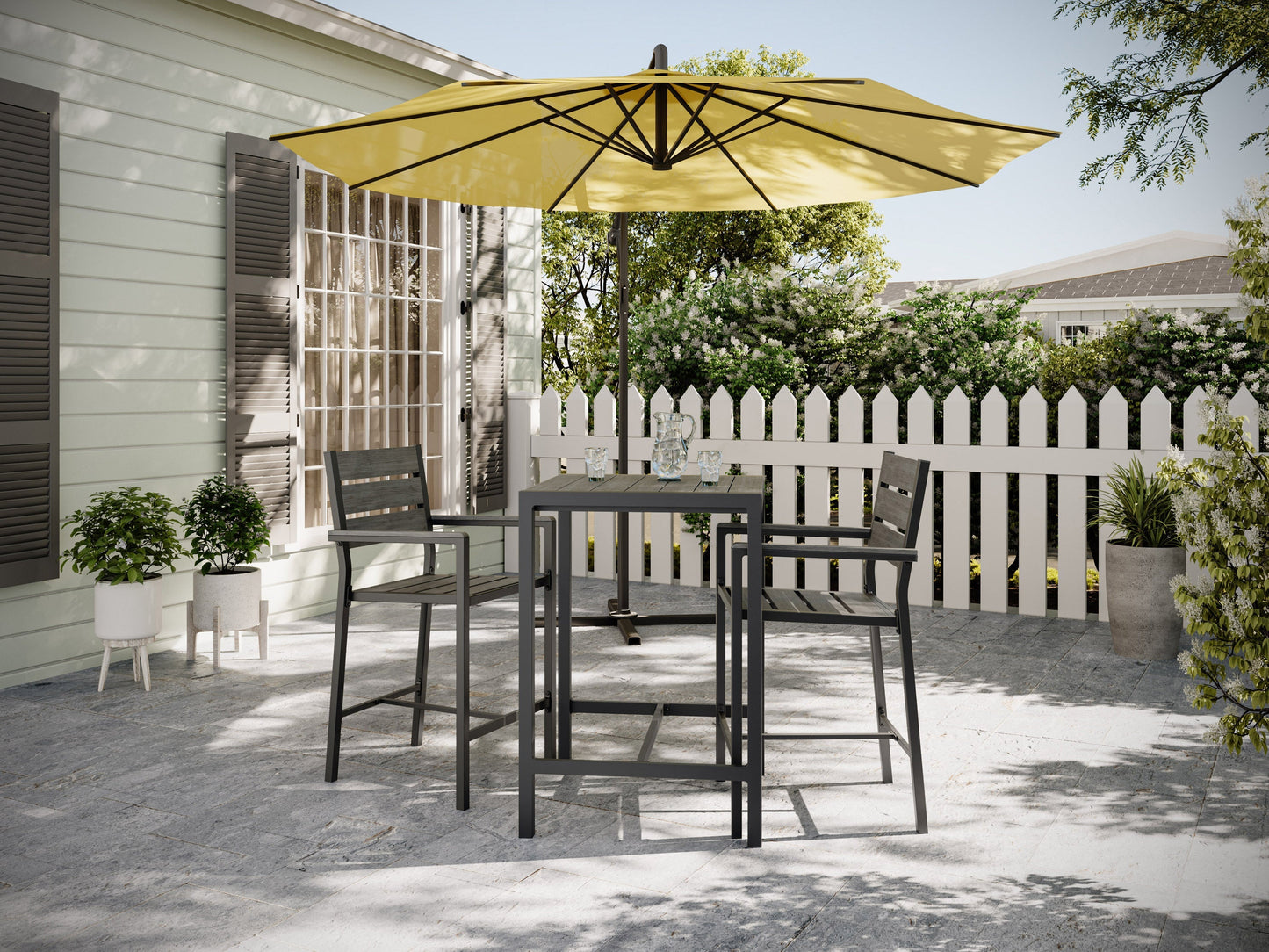 Outdoor bar set, 3-piece, with grey wicker stools and glass-top table, perfect for patio or garden entertaining.