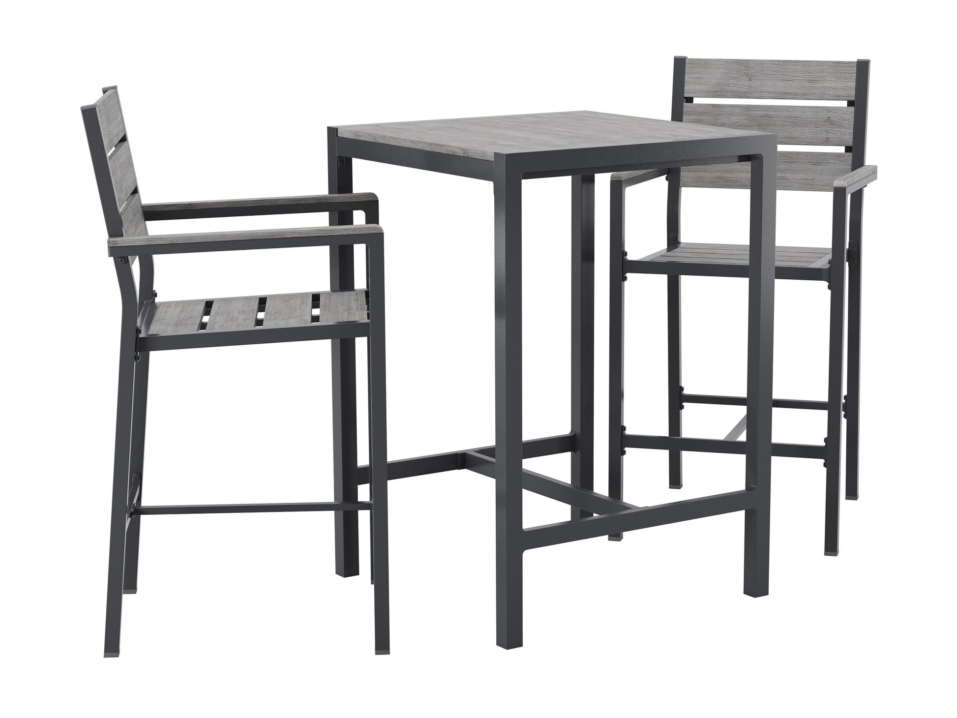 Outdoor bar set, 3-piece, featuring grey wicker stools with cushions and a matching bar table, perfect for patios.