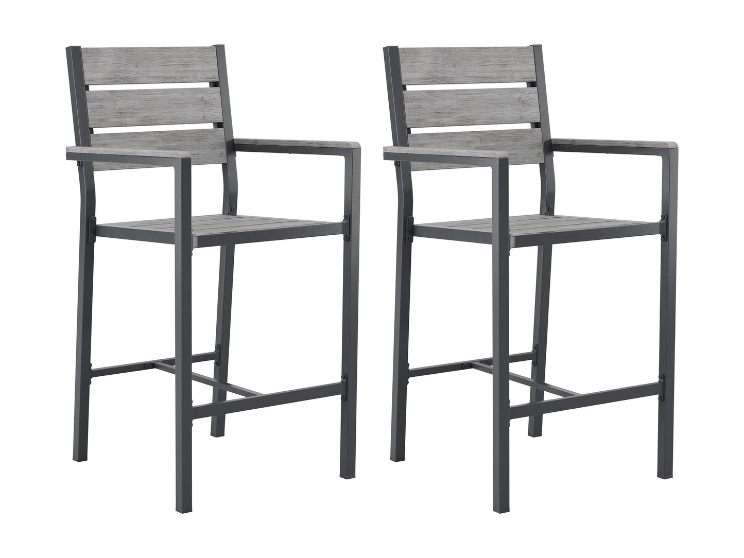 Outdoor bar set, 3pc with grey wicker stools, glass top table, and weather-resistant materials for patio or garden use.