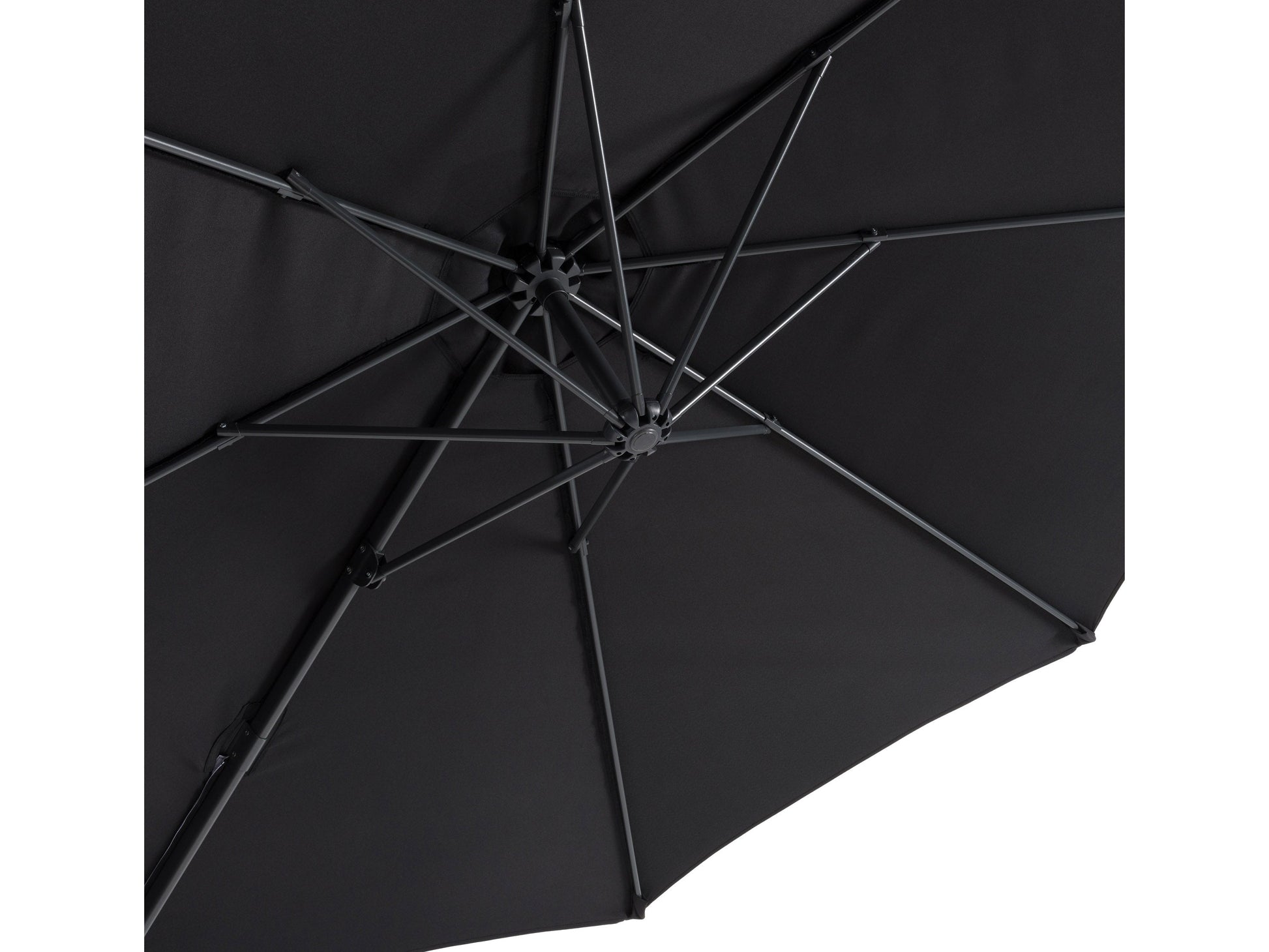 9.5ft black offset patio umbrella with 360-degree rotation, UV protection, and durable aluminum frame for outdoor shade.