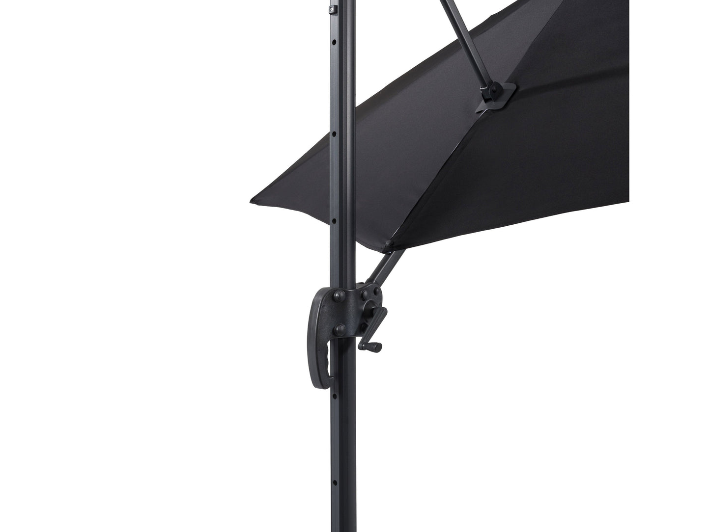 9.5ft black offset patio umbrella with 360-degree rotation, durable canopy, and sturdy metal frame.