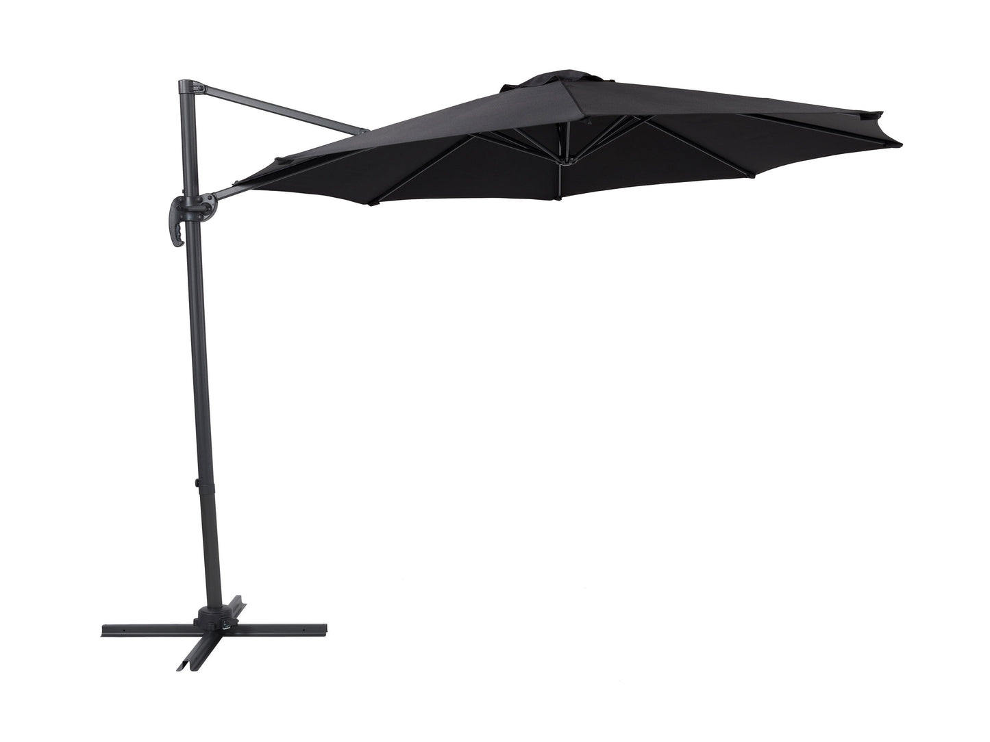 Black 9.5ft offset patio umbrella, 360-degree rotation, durable canopy, outdoor shade solution.