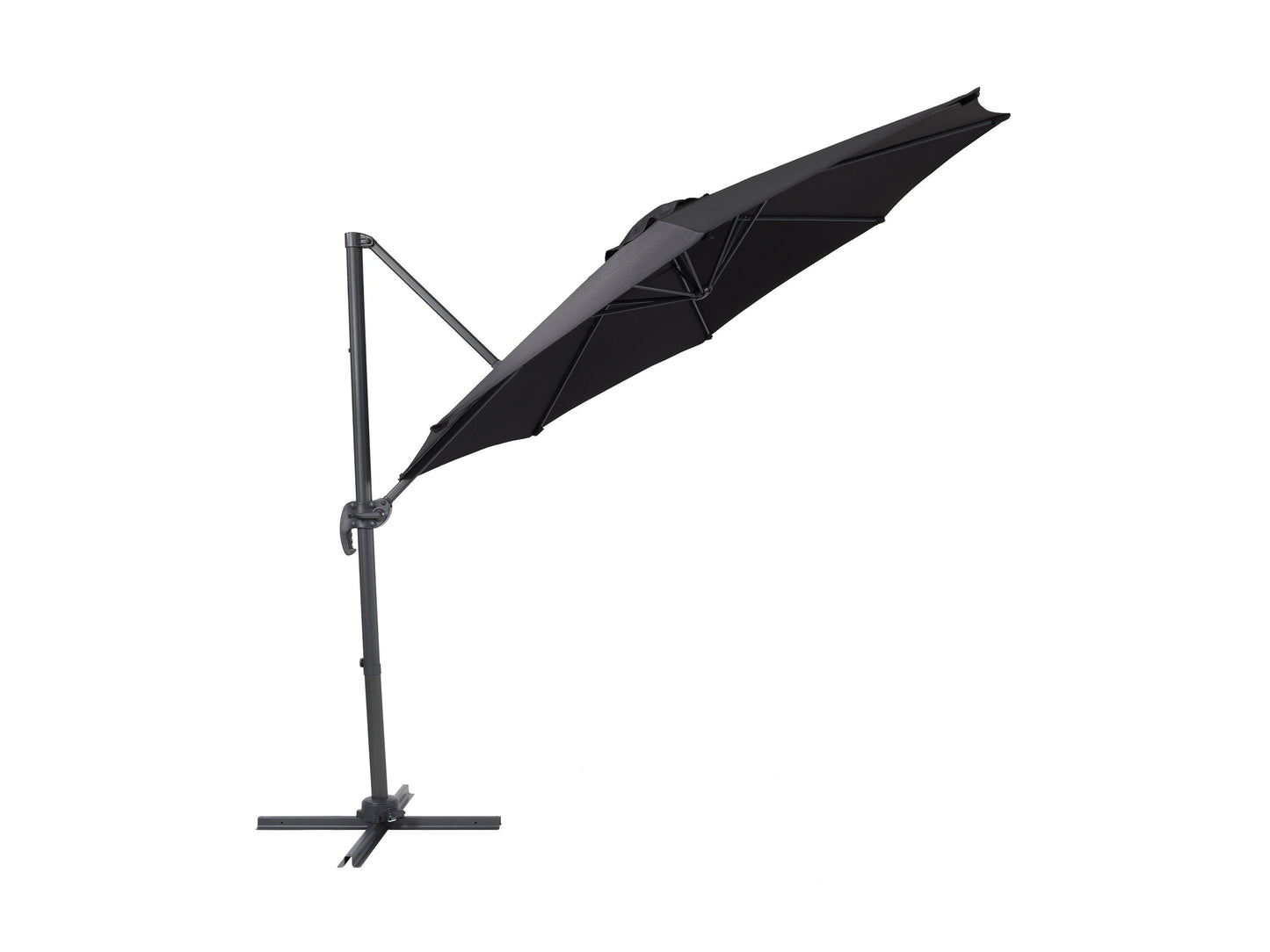 9.5ft black offset patio umbrella with 360-degree rotation, durable fabric, and sturdy aluminum frame for outdoor shade.