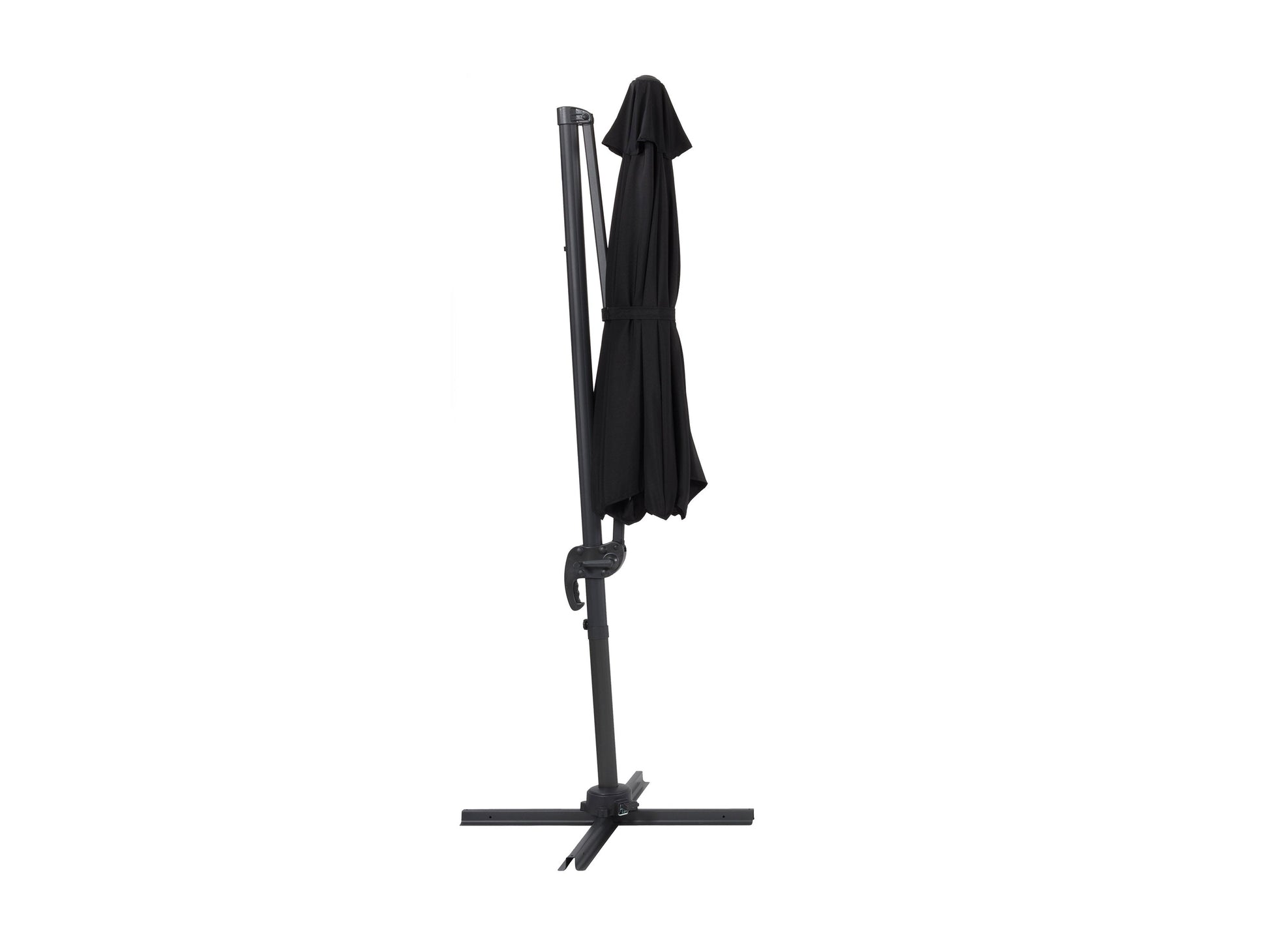 9.5ft black offset patio umbrella with 360-degree rotation, durable fabric, and sturdy metal frame.