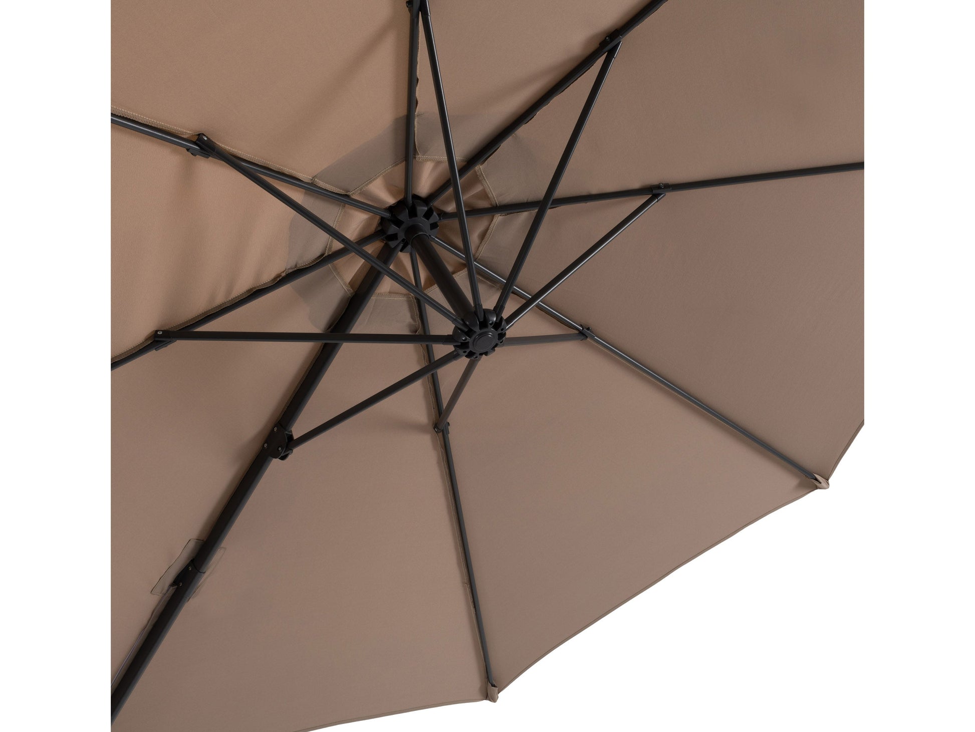 9.5ft offset patio umbrella in taupe with 360-degree rotation, durable fabric, and sturdy metal frame.