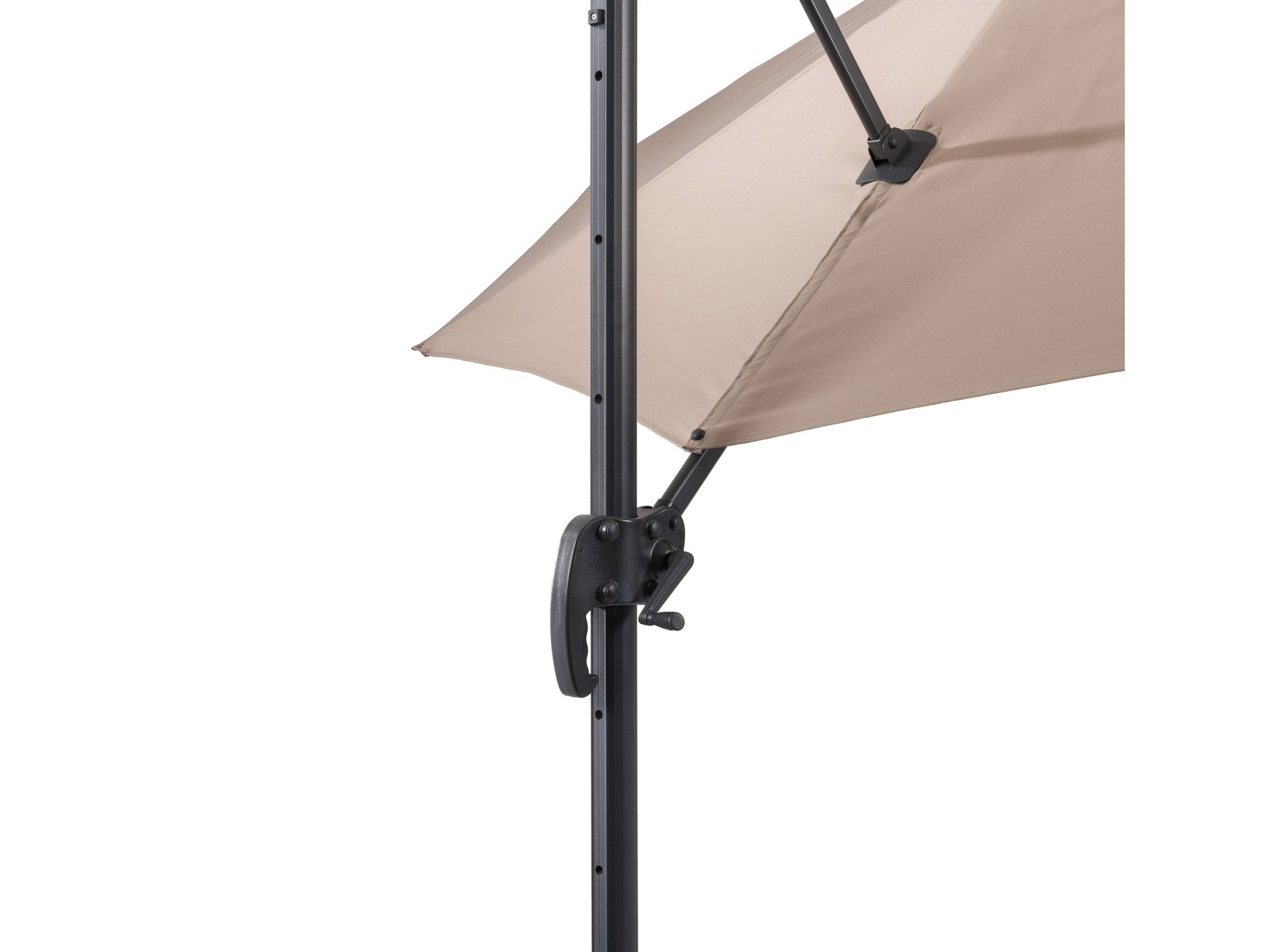 Taupe 9.5ft offset patio umbrella with 360-degree rotation and durable canopy fabric.