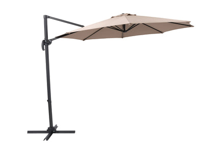 9.5ft taupe offset patio umbrella with 360-degree rotation, durable fabric canopy, and sturdy aluminum frame.