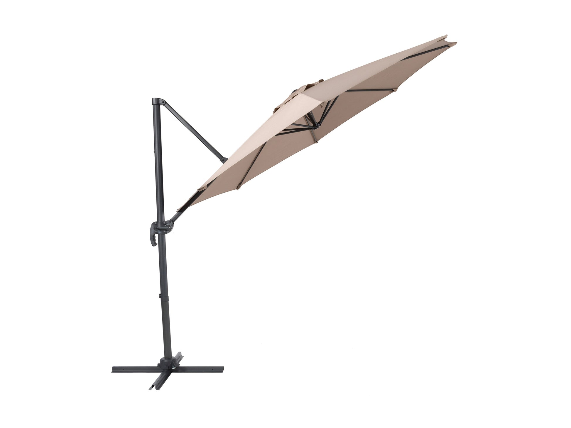 Taupe 9.5ft offset patio umbrella, 360-degree rotation, UV-resistant fabric, sturdy aluminum frame.