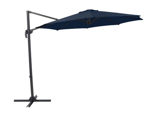 Navy blue 9.5ft offset patio umbrella with 360-degree rotation, durable fabric, and sturdy metal frame for outdoor shade.