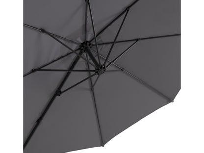 Grey 9.5ft offset patio umbrella with 360-degree rotation, durable fabric canopy, and sturdy aluminum frame.