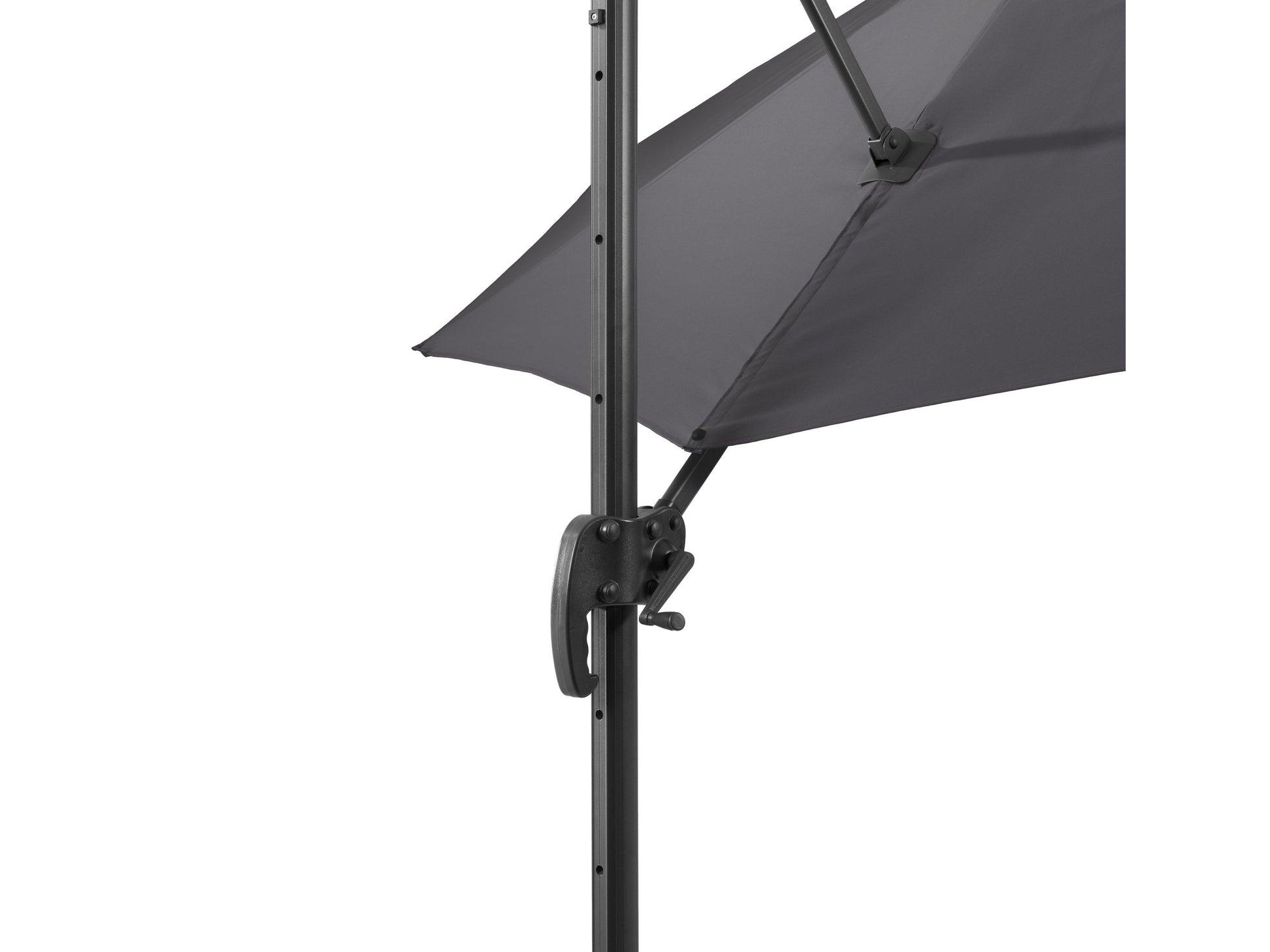 Grey 9.5ft offset patio umbrella with 360-degree rotation, durable canopy, and sturdy base for outdoor shade.