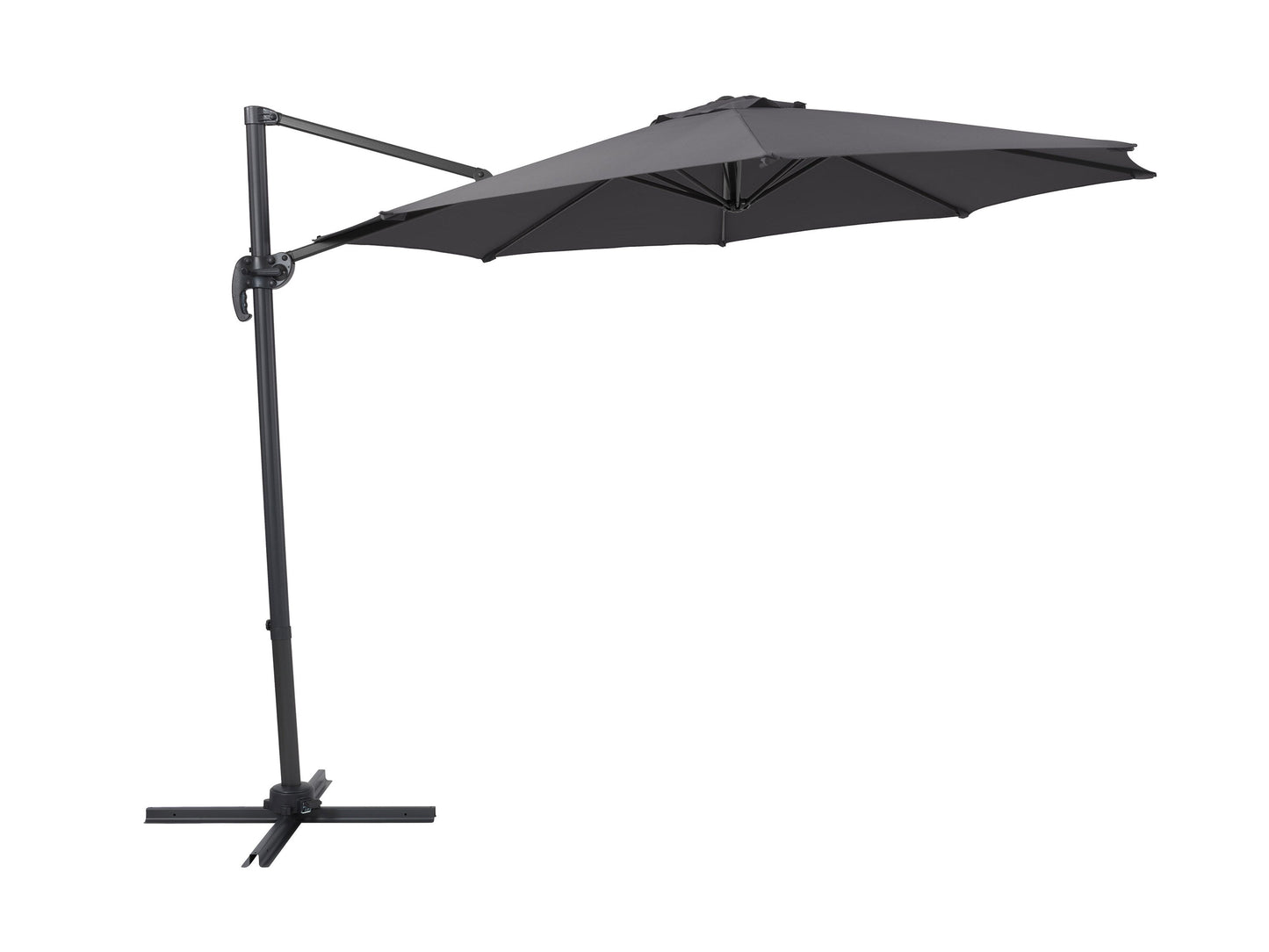 Grey 9.5ft offset patio umbrella with 360-degree rotation, UV-resistant fabric, and sturdy aluminum frame.