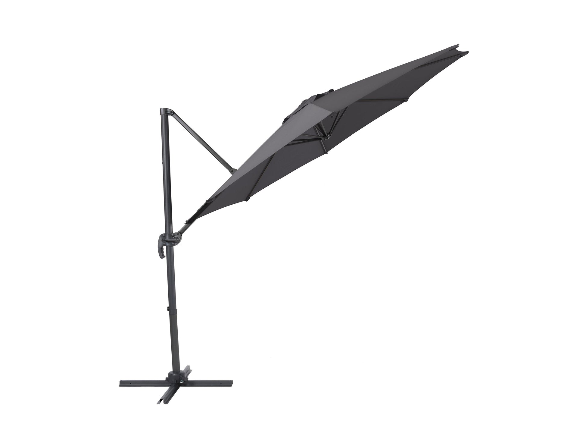 Grey 9.5ft offset patio umbrella with 360-degree rotation, durable fabric, and sturdy metal frame for outdoor shade.