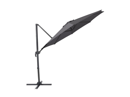 Grey 9.5ft offset patio umbrella with 360-degree rotation, durable fabric, and sturdy metal frame for outdoor shade.