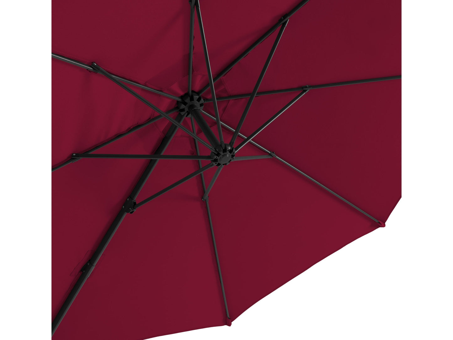 9.5ft wine red offset patio umbrella with 360-degree rotation, durable fabric, and sturdy metal frame for outdoor use.