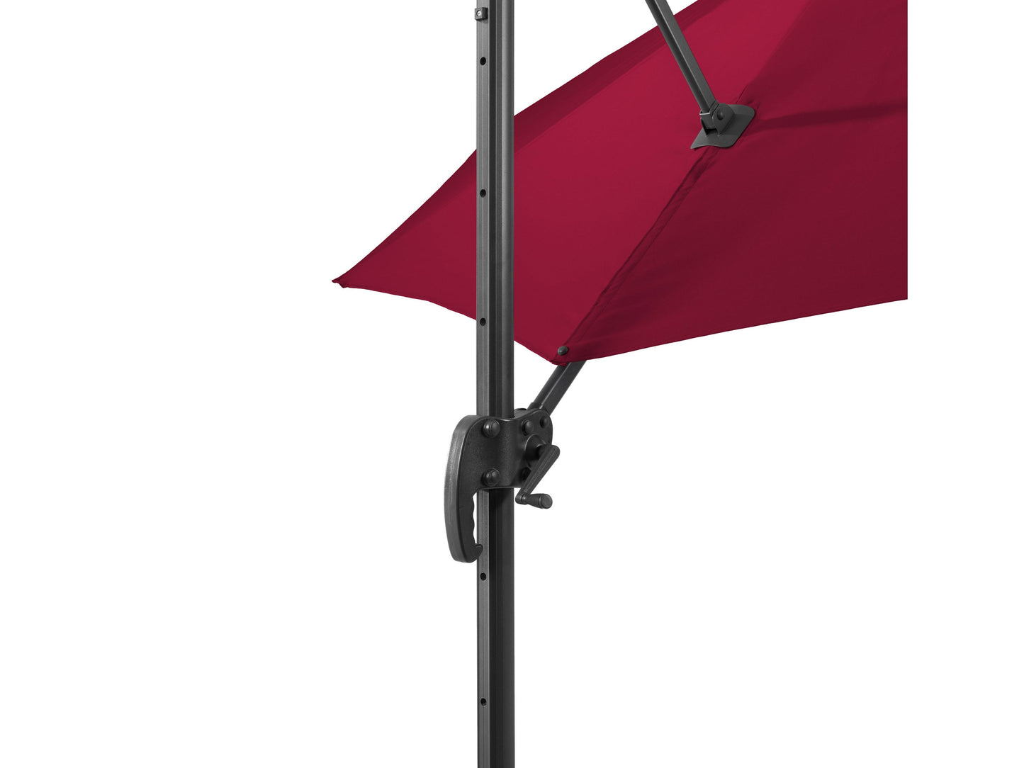 9.5ft wine red offset patio umbrella with 360-degree rotation, durable canopy, and sturdy aluminum frame.