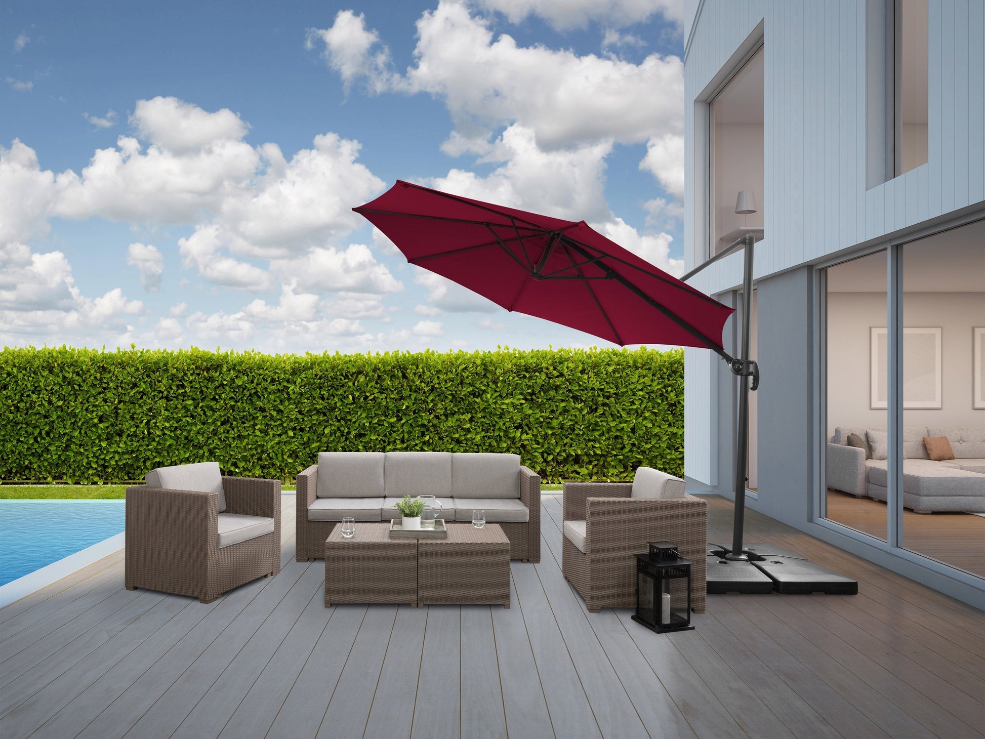 Wine red 9.5ft offset patio umbrella with 360-degree rotation, durable fabric, and sturdy base for outdoor shade.