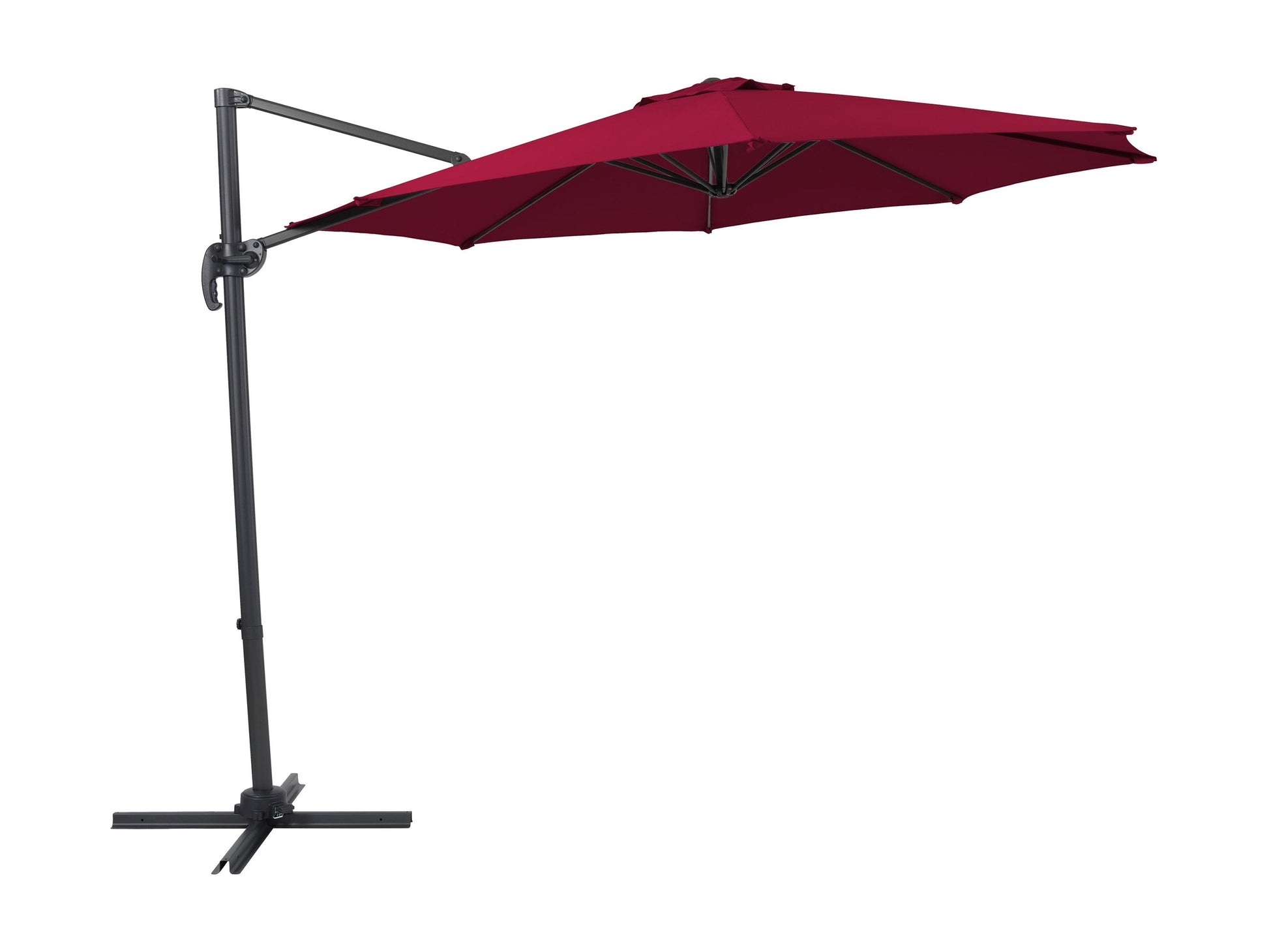 Wine red 9.5ft offset patio umbrella with 360-degree rotation, UV protection, and durable aluminum frame.