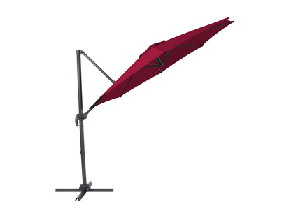 9.5ft wine red offset patio umbrella, 360-degree rotation, UV protection, durable canopy, outdoor garden shade.