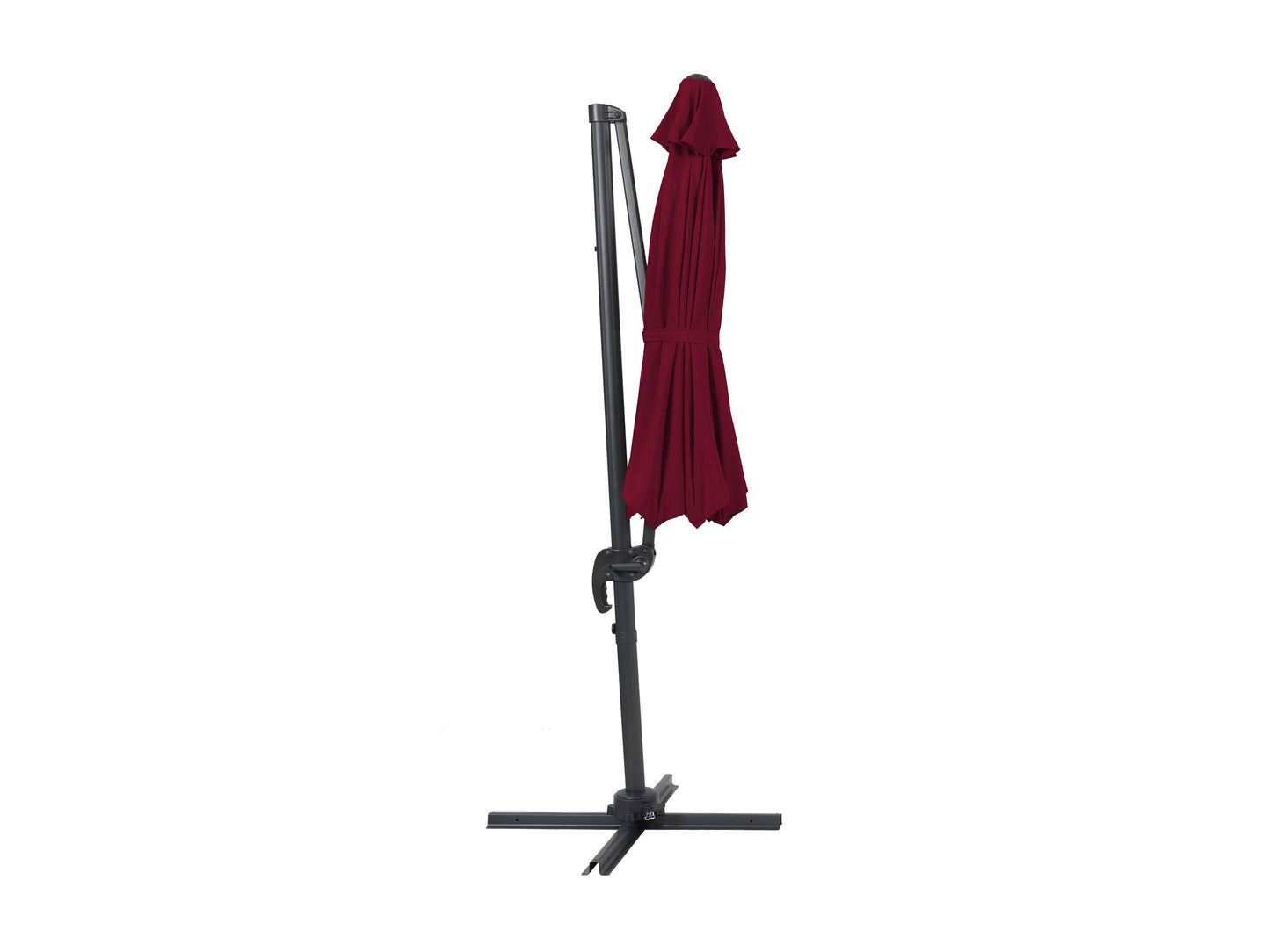 Wine red 9.5ft offset patio umbrella, 360-degree rotation, UV-resistant canopy, and sturdy aluminum frame.