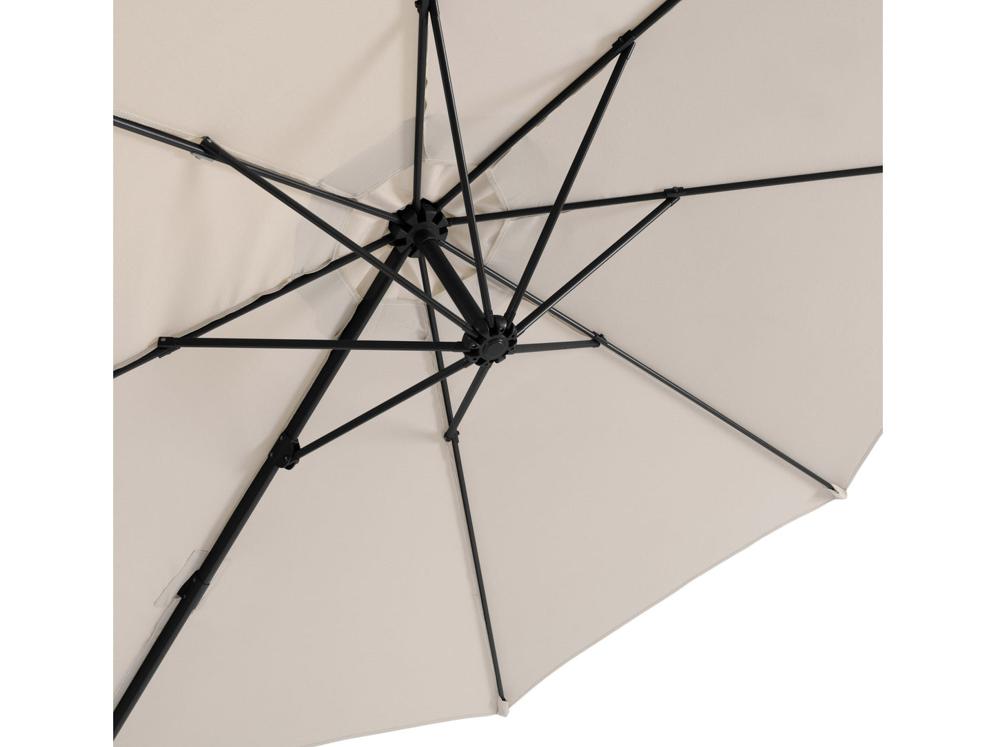 Off white 9.5ft offset patio umbrella with 360-degree rotation and durable fabric for outdoor use.