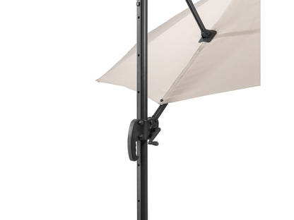 Off white 9.5ft offset patio umbrella with 360-degree rotation and durable canopy for outdoor shade.