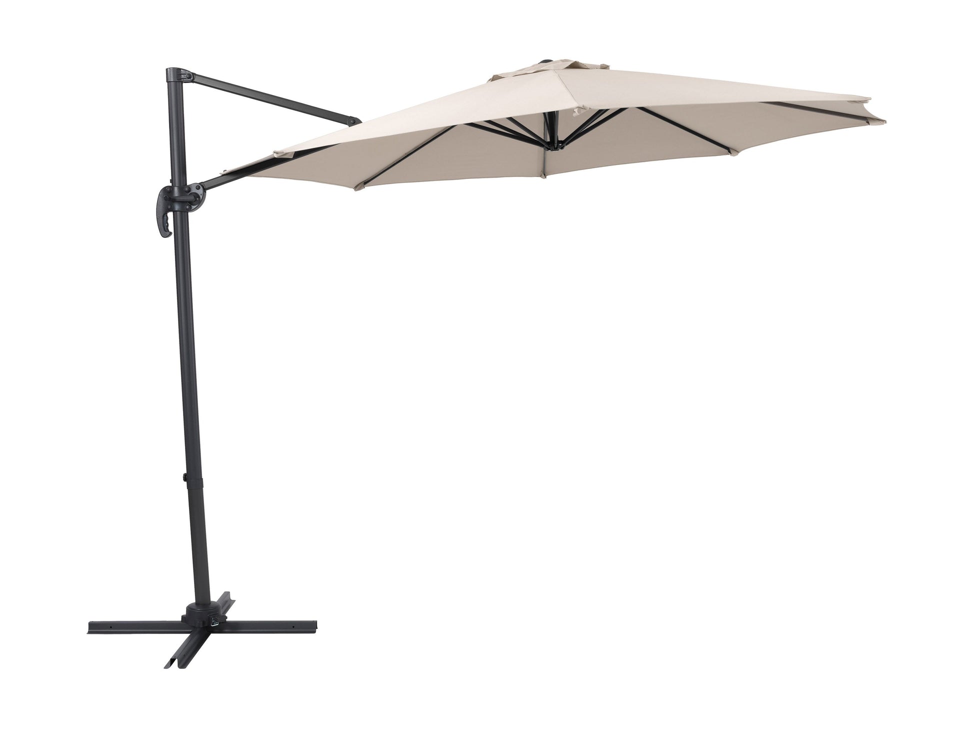 Off-white 9.5ft offset patio umbrella with 360-degree rotation and durable aluminum frame.