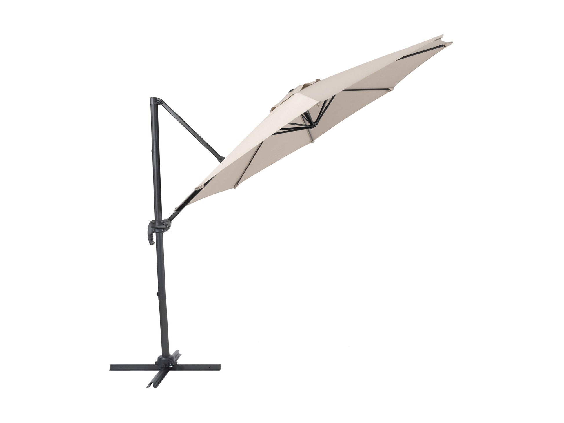 9.5ft offset patio umbrella, off white, 360-degree rotation, durable canopy, outdoor shade solution.