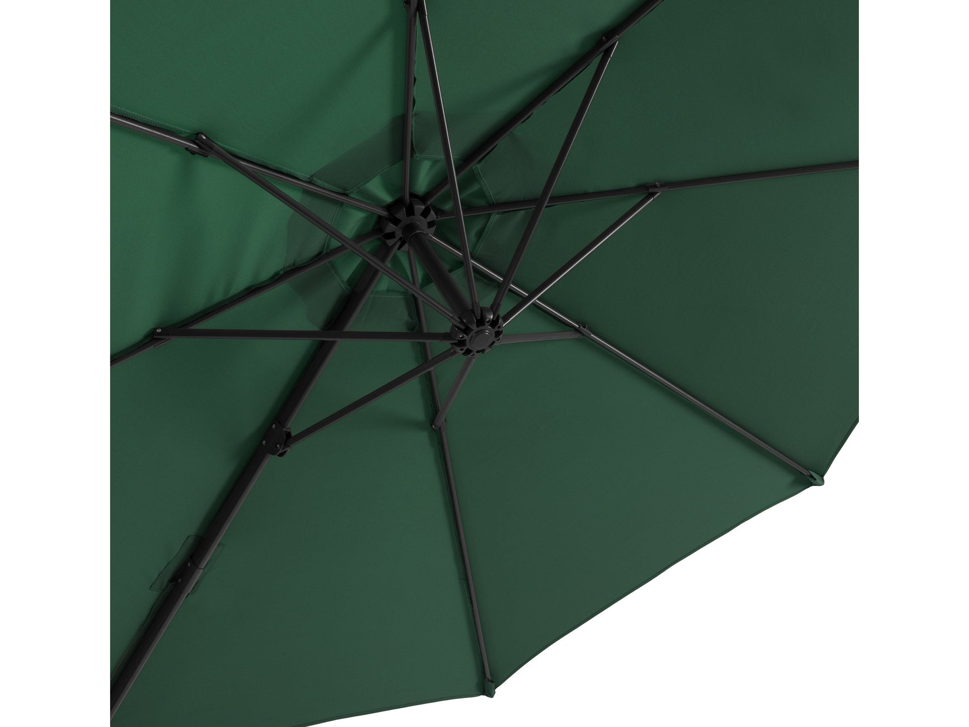 Dark green 9.5ft offset patio umbrella with 360-degree rotation and sturdy aluminum frame for outdoor shade.