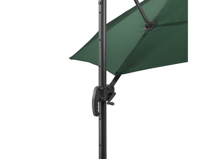 Dark green 9.5ft offset patio umbrella with 360-degree rotation and sturdy aluminum frame.