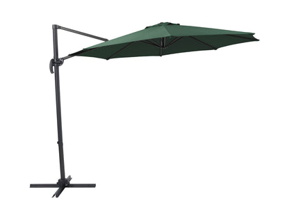 Dark green 9.5ft offset patio umbrella with 360-degree rotation and durable canopy for outdoor shade.