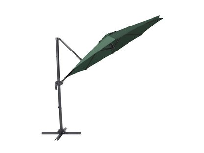 Dark green 9.5ft offset patio umbrella with 360-degree rotation and durable fabric for outdoor shade.