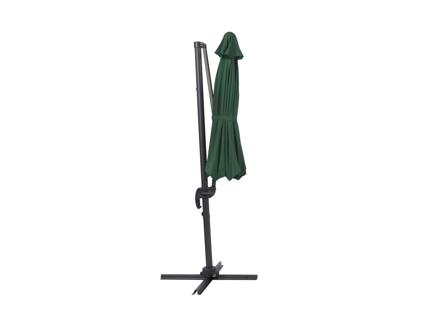 Dark green 9.5ft offset patio umbrella with 360-degree rotation, sturdy frame, and UV-resistant canopy.