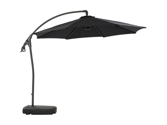 Black cantilever patio umbrella with base, adjustable canopy, and sturdy metal frame for outdoor shade.