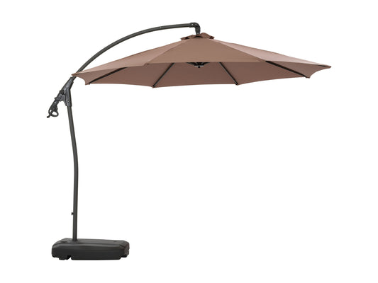 Cantilever patio umbrella with sand-colored canopy and sturdy base, perfect for outdoor shade and modern patio decor.