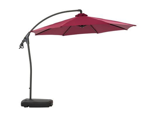 Wine red cantilever patio umbrella with sturdy base, UV-resistant fabric, and adjustable tilt for outdoor shade.