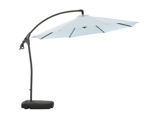 Light blue cantilever patio umbrella with sturdy base, adjustable tilt, and UV-resistant fabric for outdoor shade.